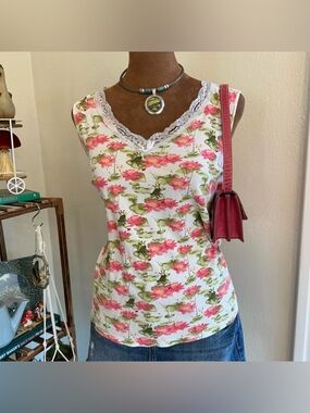 Coquette Fairycore White + Pink Lily Pad & Frogs w Crowns Tank Top w Lace Trim